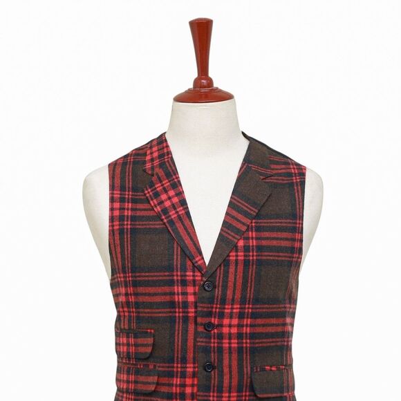Mens Plaid Vest 44R Red Brown Wool Waistcoat XL Formal Wedding Groom Prom Party - Picture 4 of 9
